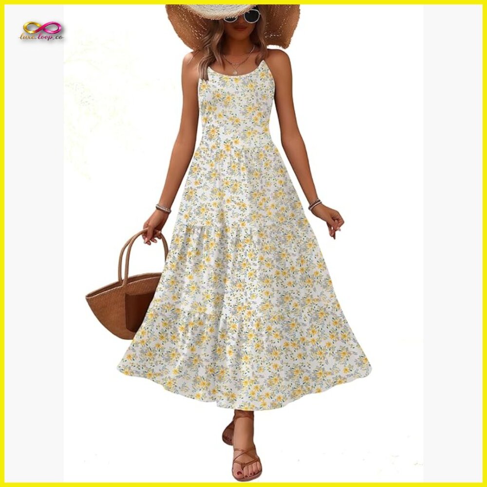 Maxi Sundress Tiered Flowy Casual Beach Dress Adjustable Straps Pockets